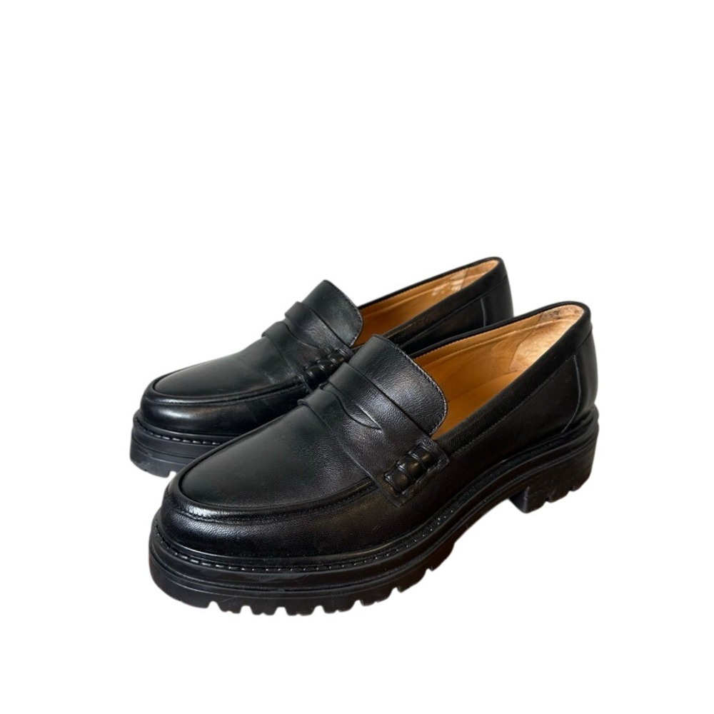 Sezane Albane Loafers Smooth Black Leather Chunky Lug Sole Penny Shoes Size 36